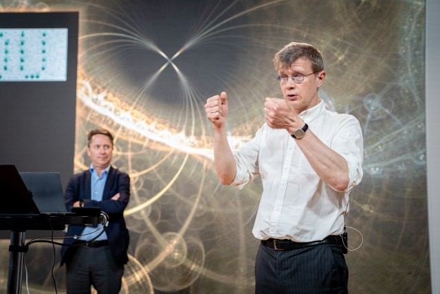 Mikhail Lukin giving a public talk at Literaturhaus in Munich. Scientist Mikhail Lukin giving a public talk.