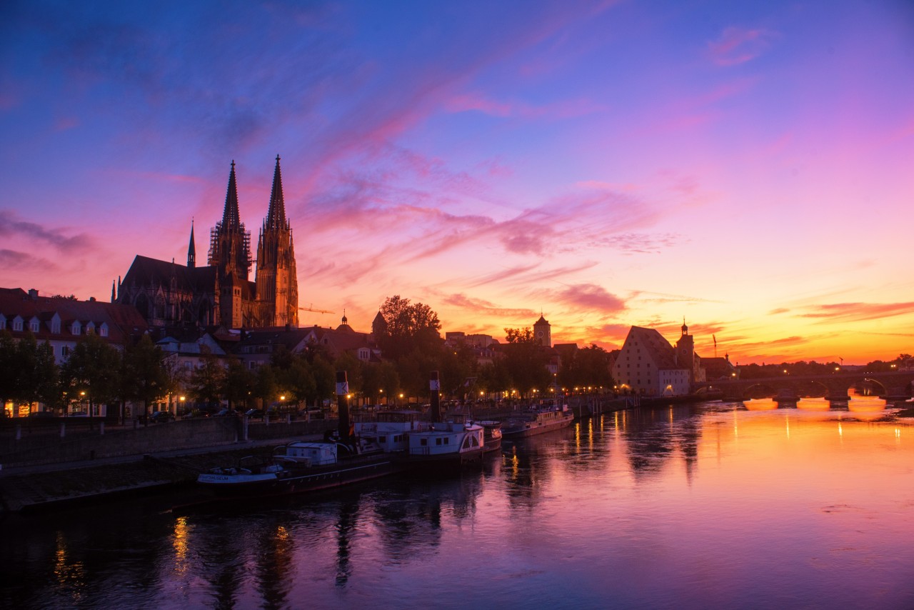 View of Regensburg bank at sunset.