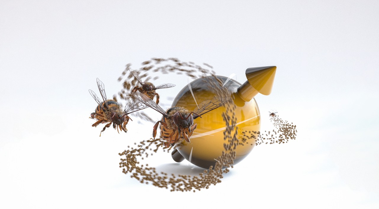 Graphic representation of bees swarming around an ion particle. 