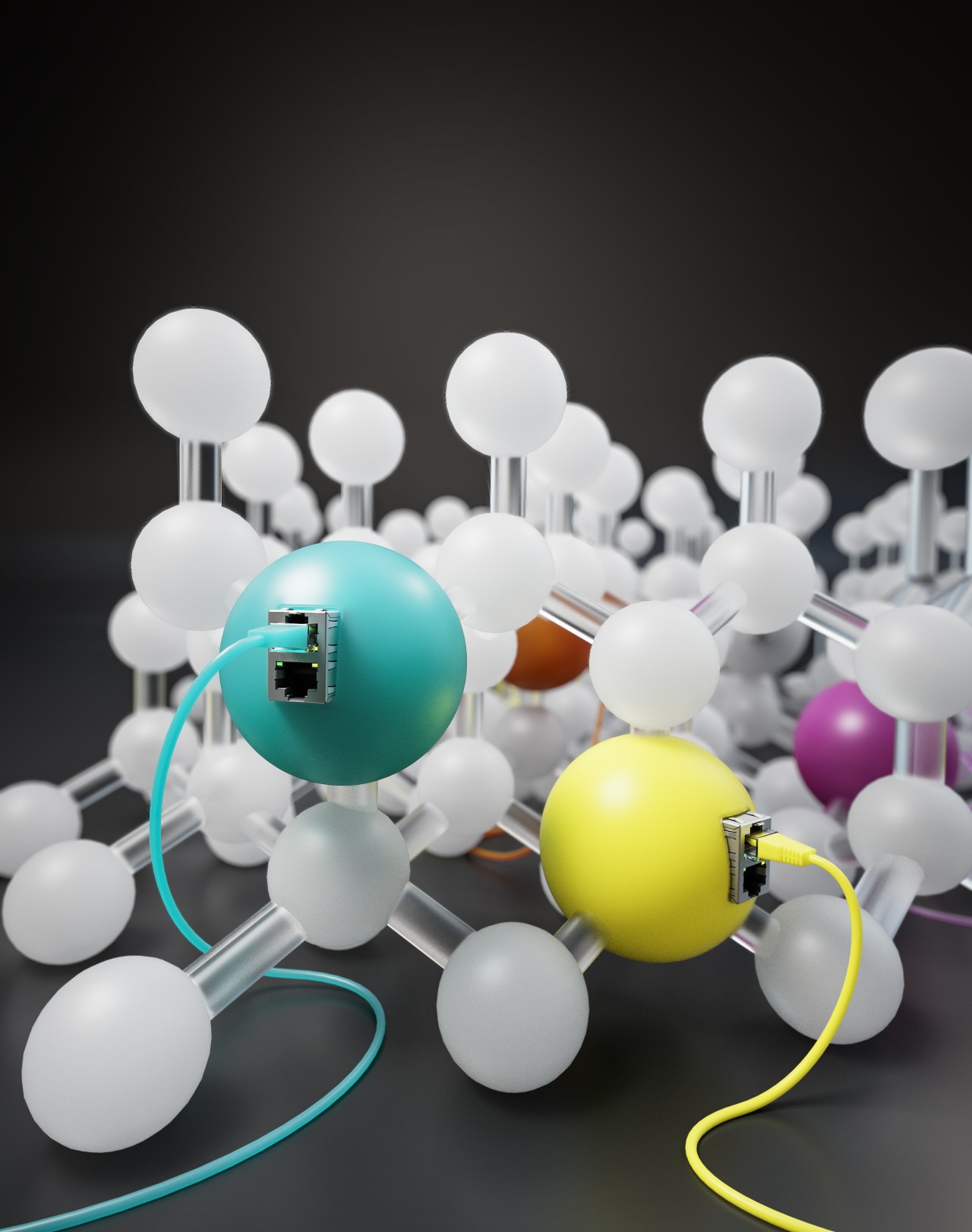 Model of different atoms controlled by light of a matching color.