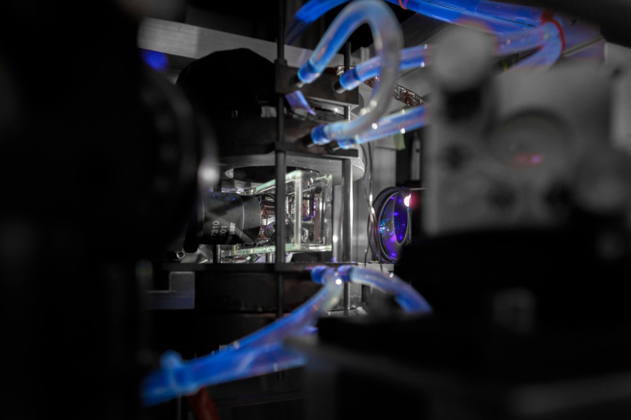 Close-up of a fober optic cable, part of an quantum cryptography experiment.