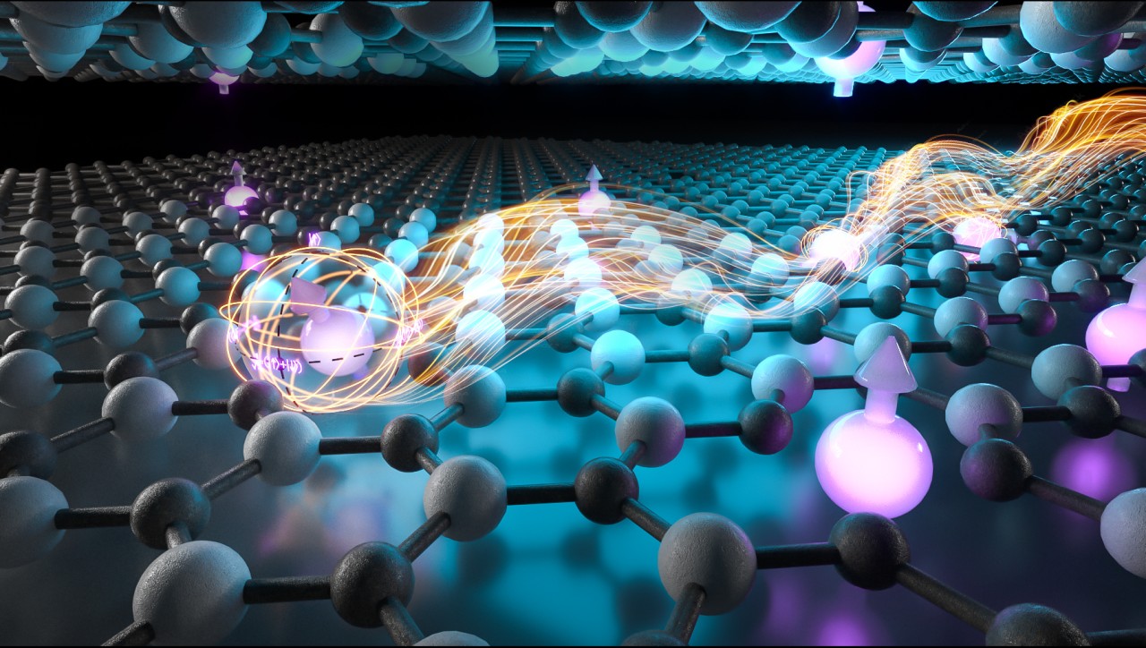 Artistic representation of a spin defect in hexagonal boron nitride (hBN), a well-known 2D material.