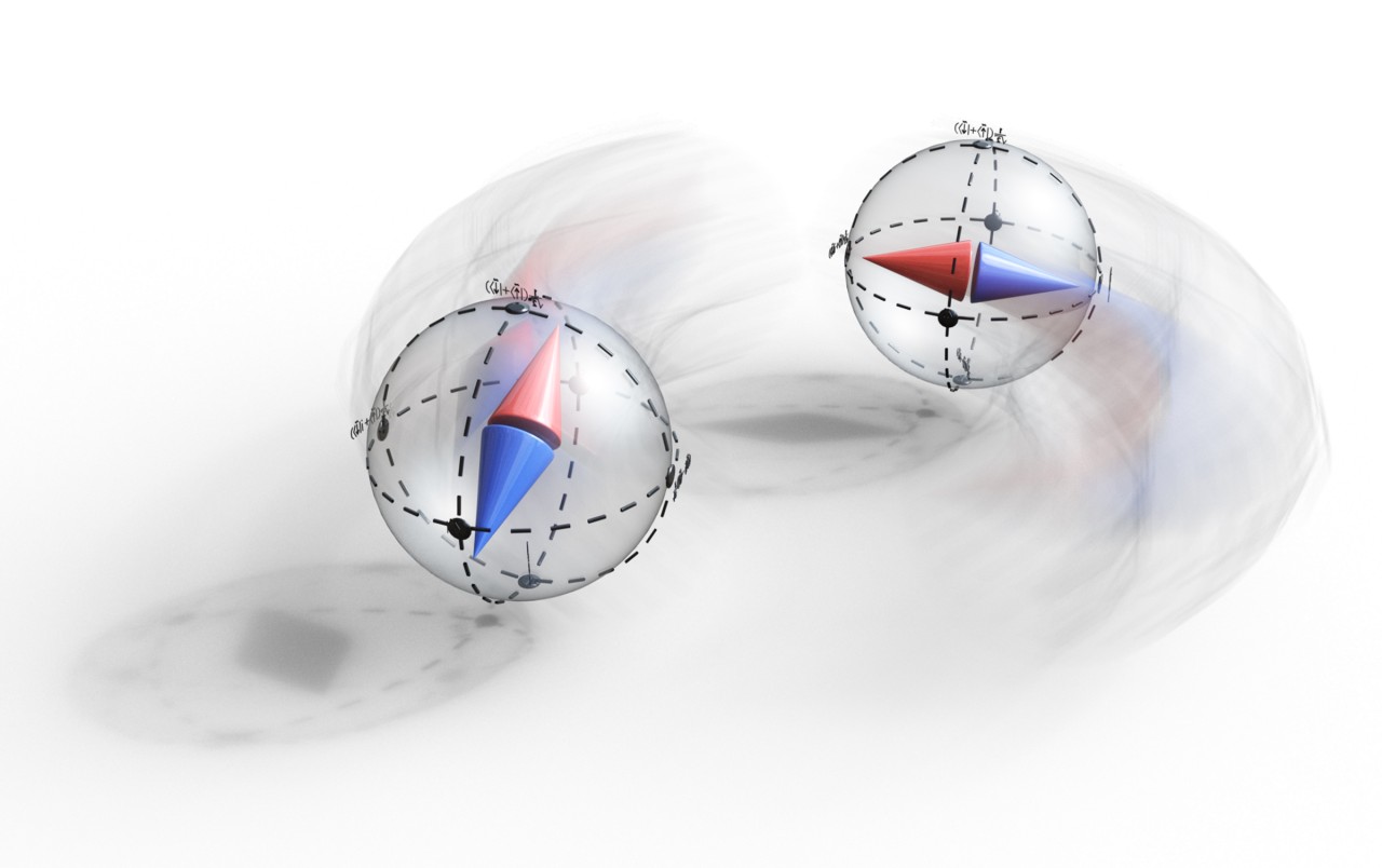 Graphic representation of two transparent spheres with a circula swoosh between them. 