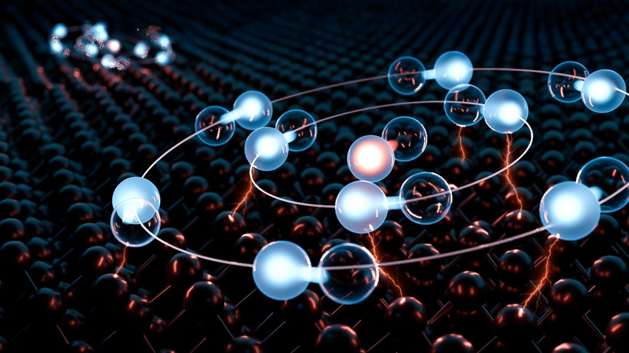 An artist's impression of the newly observed twenty-body exciton in an atomically thin layer of WSe2.