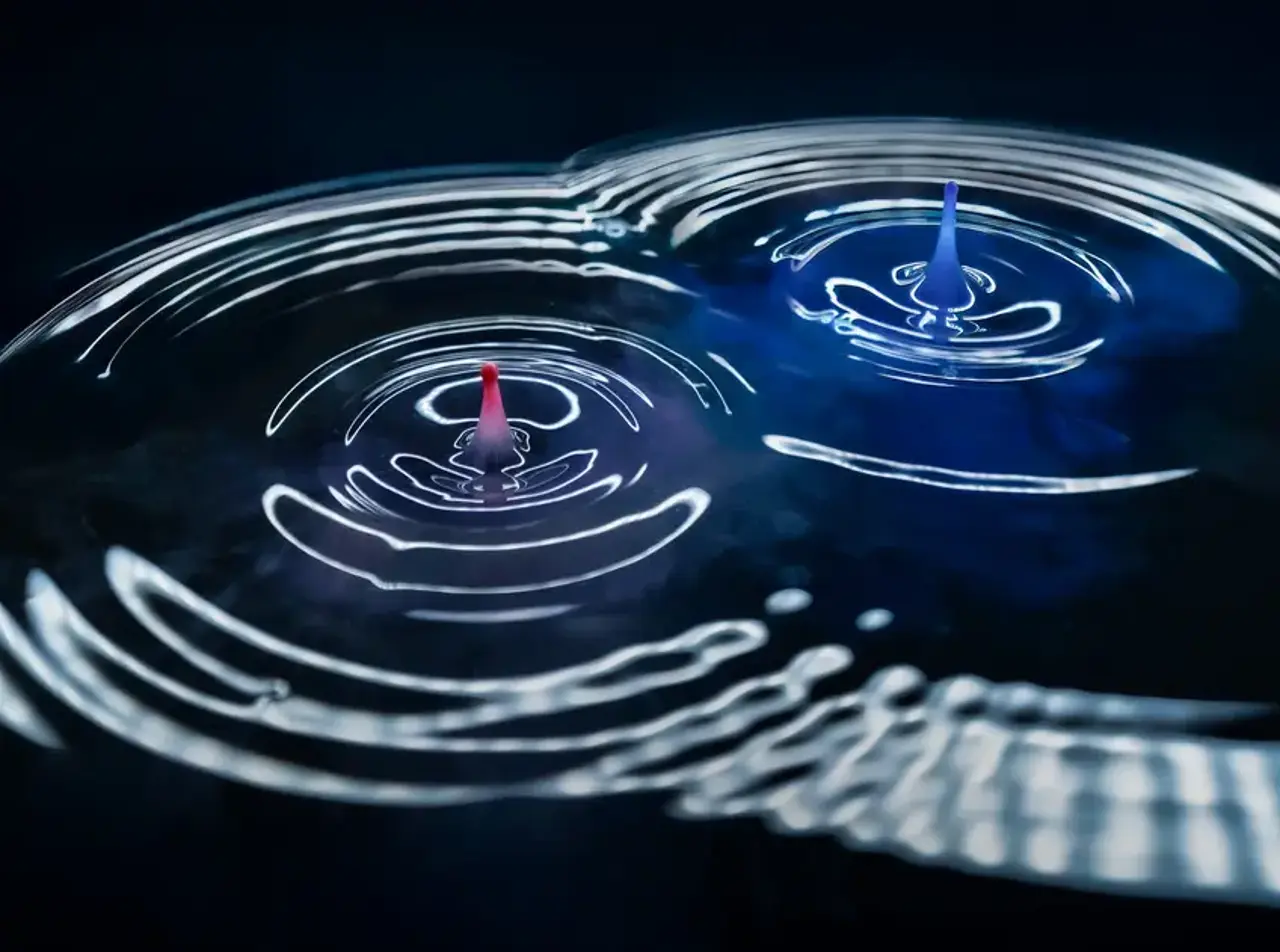 Artistic visualisation of a collisional entangling gate: the overlap and interference of two quantum wavefunctions illustrate controlled collisions, through which the atoms become entangled - a key building block for fermionic quantum computation.