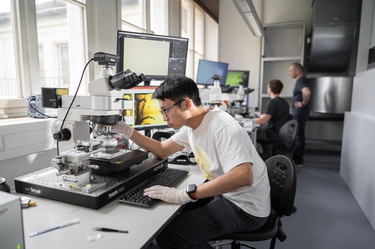 In Professor Dmitri Efetov’s laboratory, his colleague Jiazhuo Li is preparing samples for the newly developed Quantum Twisting Microscope (QTM). 
