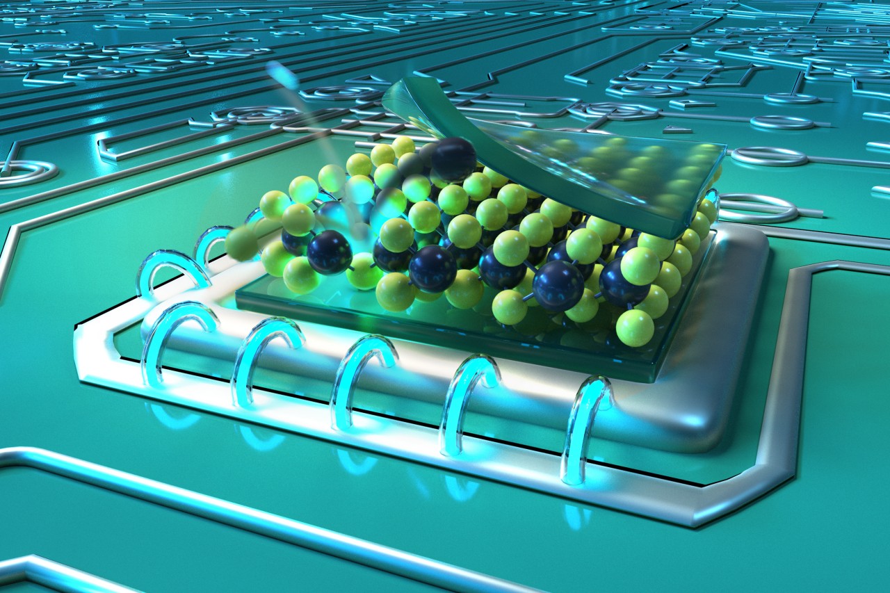 Artistic representation for defects in thin molybdenum sulfide layers, generated by bombardment with helium ions, can serve as nano-light sources for quantum technologies.