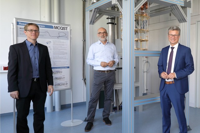 From left to right: Stefan Filipp, Rudolf Gross and Bernd Sibler in front of the new low temperature machines funded by MCQST.