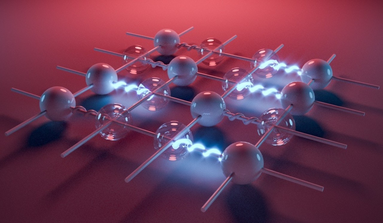 Artistic representation of a simulation of fundamental interactions with ultracold atoms.