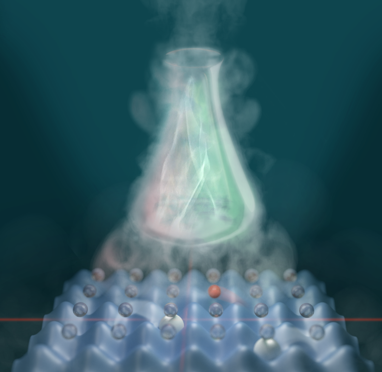 Visualization of the proposed quantum simulator, in which ultra-cold atoms move around in an optical lattice playing the role of molecular electrons.