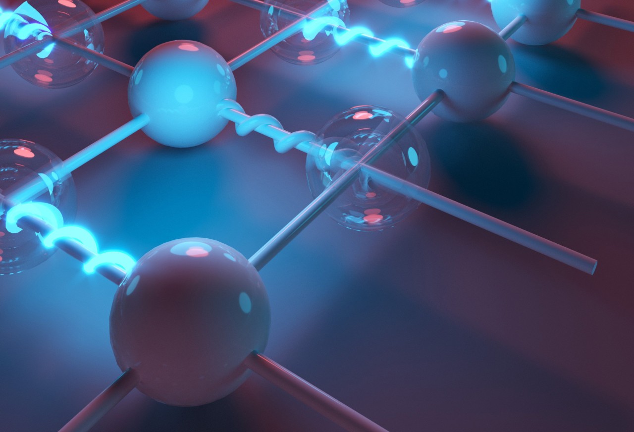 Artistic representation of a simulation of fundamental interactions with ultracold atoms.